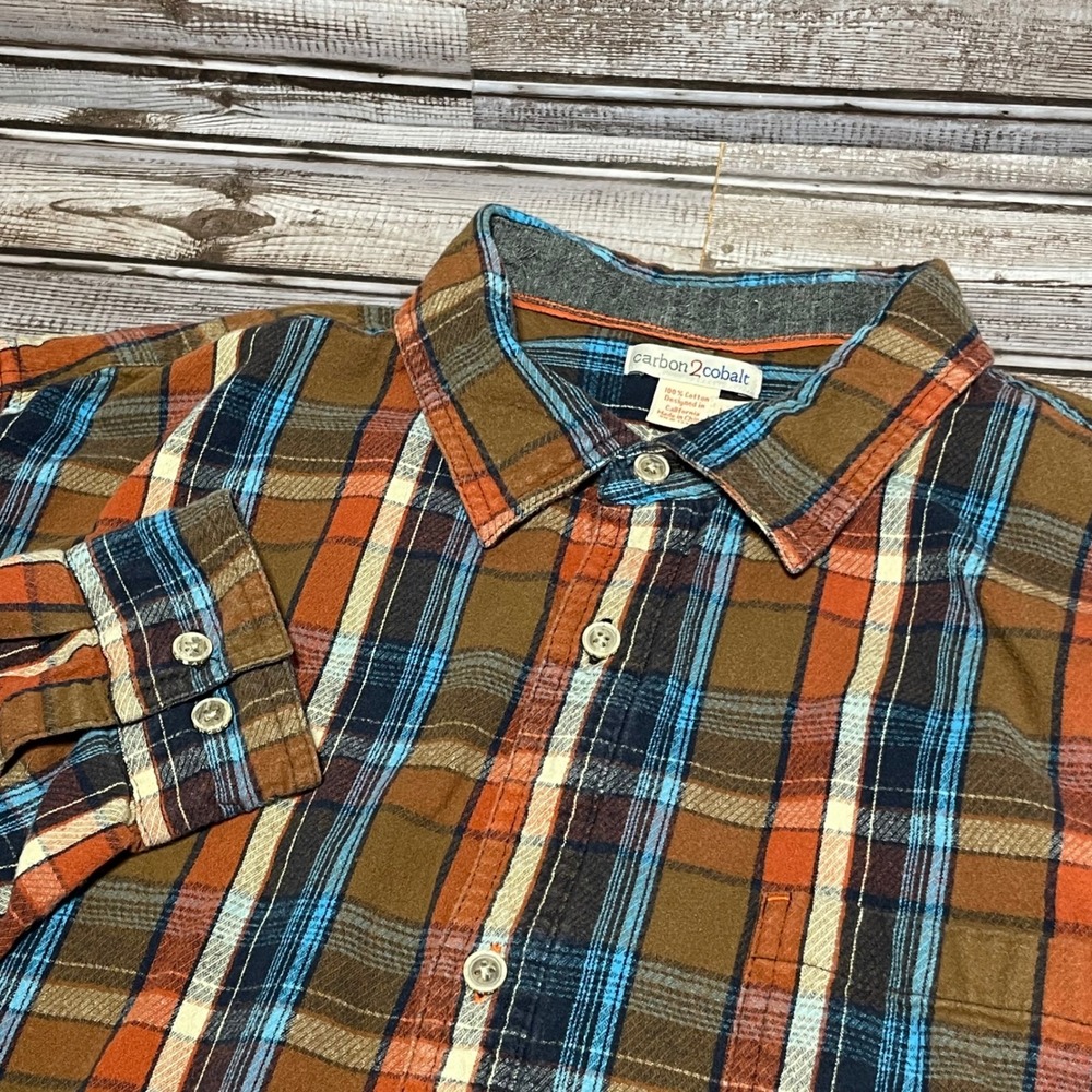 Carbon2Cobalt Mens Long Sleeve Flannel Button‎ Up Shirt LT Cotton Orange Blue